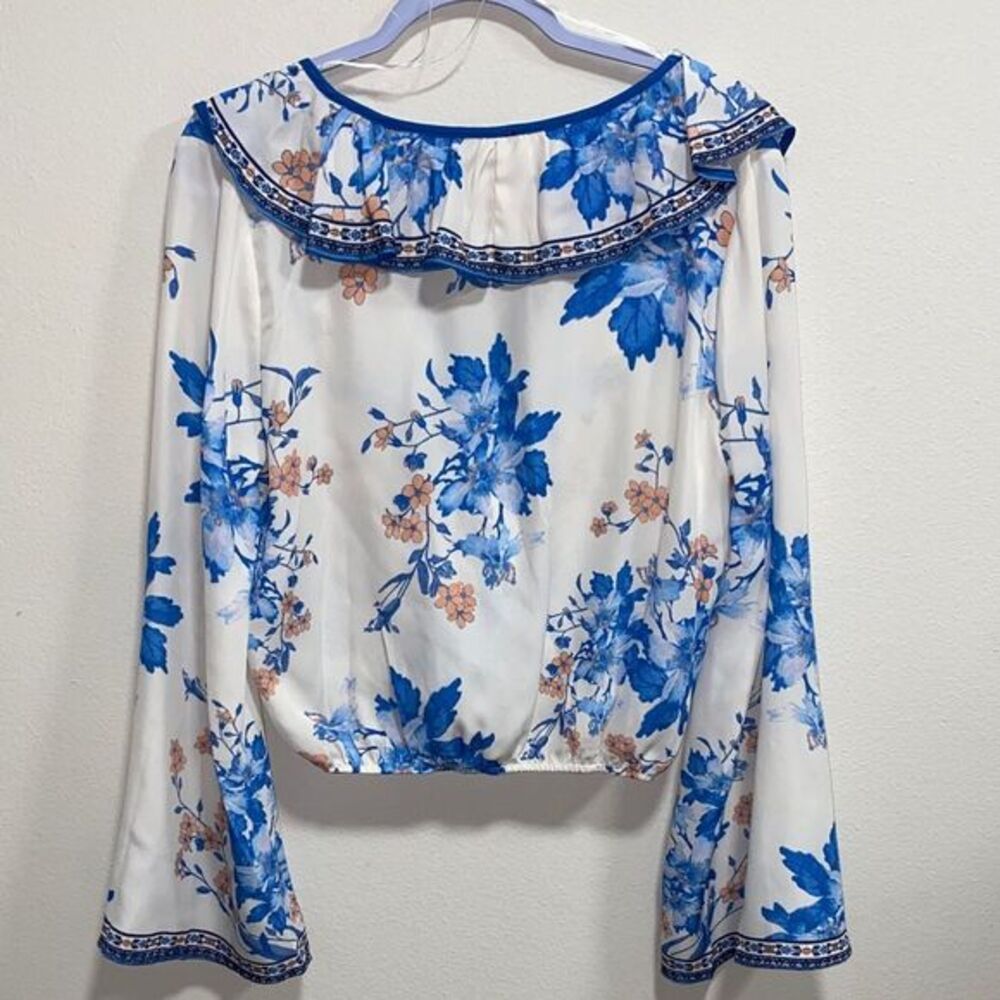 Vici White Floral Ruffle Tie-Front Blouse with Blue & Peach Accents - Picture 4 of 11